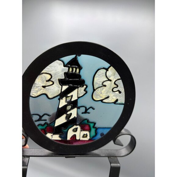 Stained Glass Lighthouse Tea Light Holder Black Metal Stand Coastal Decor - Picture 2 of 5